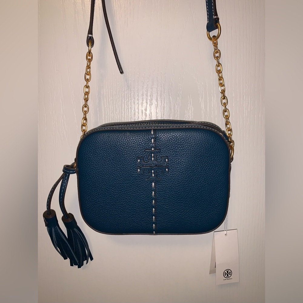 Tory Burch crossbody bag, UNUSED with tags, teal leather/gold hardware w/ tassel - Picture 4 of 8